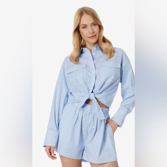 NWT Blank NYC Oversized Stripe Collared Shirt in Blue Sky Size L - Picture 11 of 12